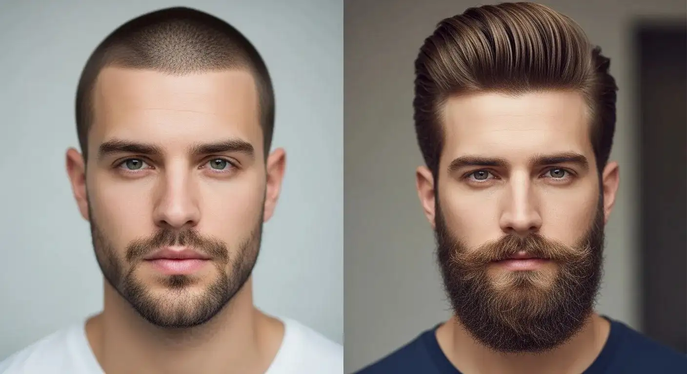 Collage of buzz cut with stubble, pompadour with full beard
